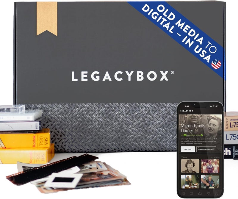 Legacybox 3 عناصر | نقل الوسائط القديمة إلى الرقمية | محول VHS إلى الرقمية | ماسح ضوئي للصور، الشرائح والسلبية | أشرطة كاميرا الفيديو، بكرات الأفلام، أشرطة الصوت | سحابة، USB، أو DVD - Image 1